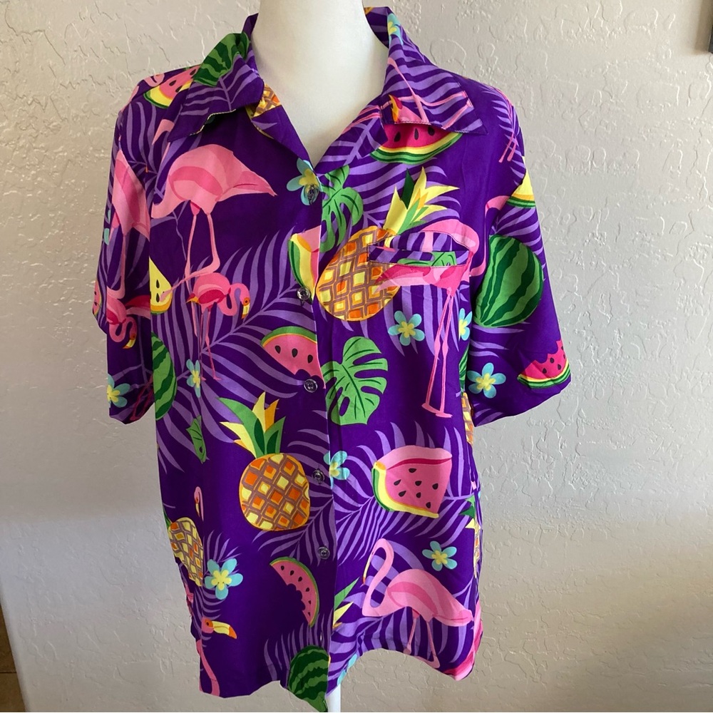 King Kameha Purple Flamingo Pineapple Hawaiian Button Shirt Size L